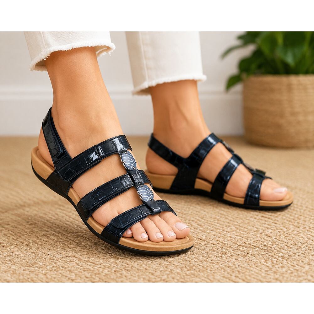 Vionic Amber Navy Blue Patent Strappy Sandals Womens Size 9 Comfort Shoes